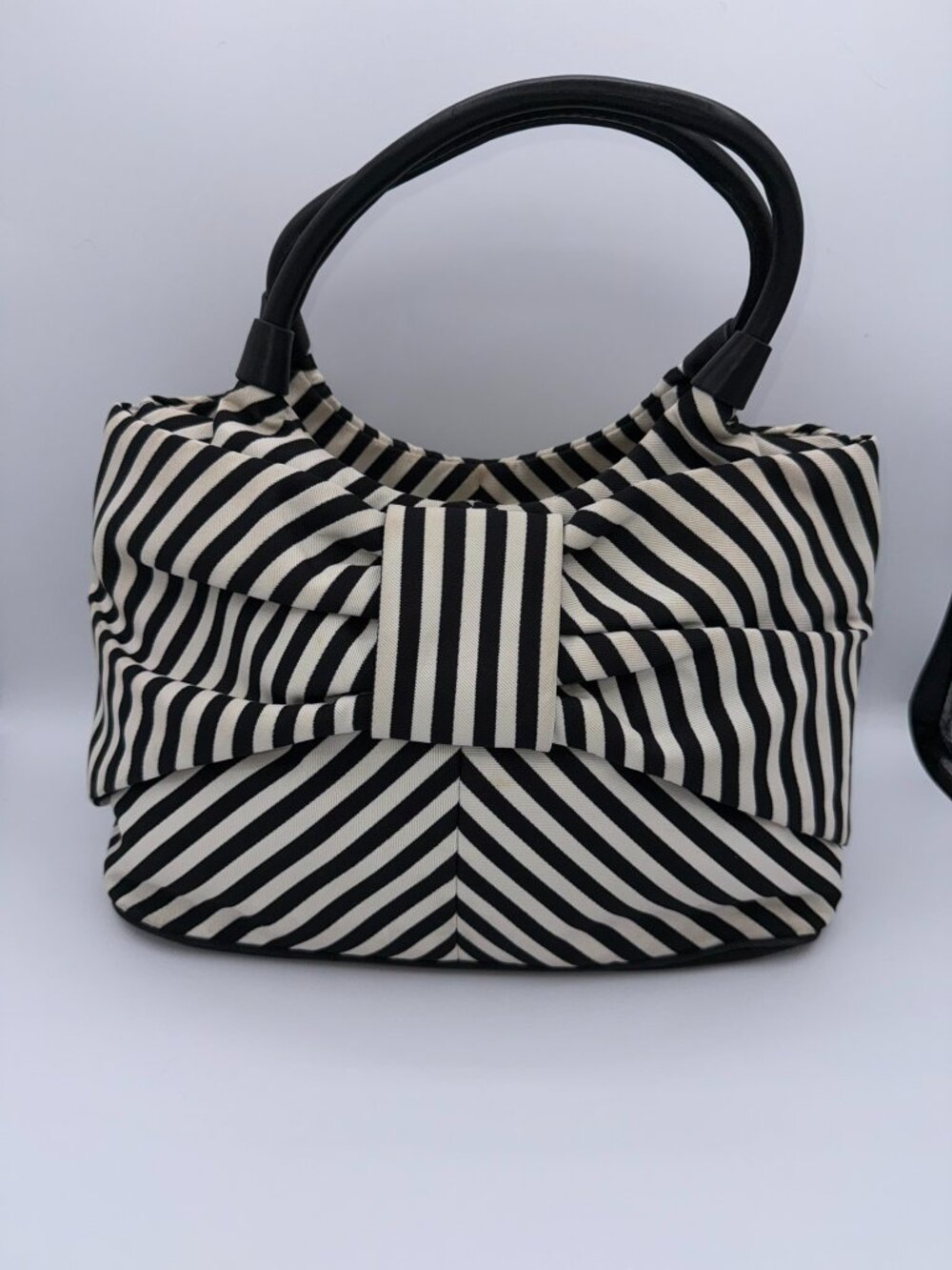 Kate Spade Black White Canvas Striped Bow Handbag Purse Classic Chic - Picture 5 of 16